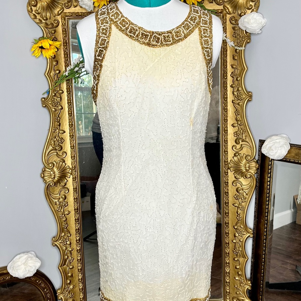 Vintage Laurence Kazar Silk Gold and Cream Beaded Dress